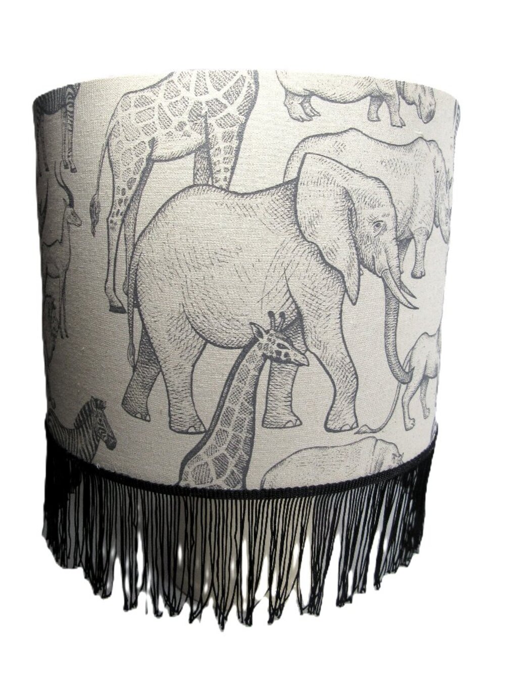 AFRICAN ANIMAL PRINT FABRIC LAMPSHADE + FRINGE BOHO MONOCHROMATIC NEW 13x13